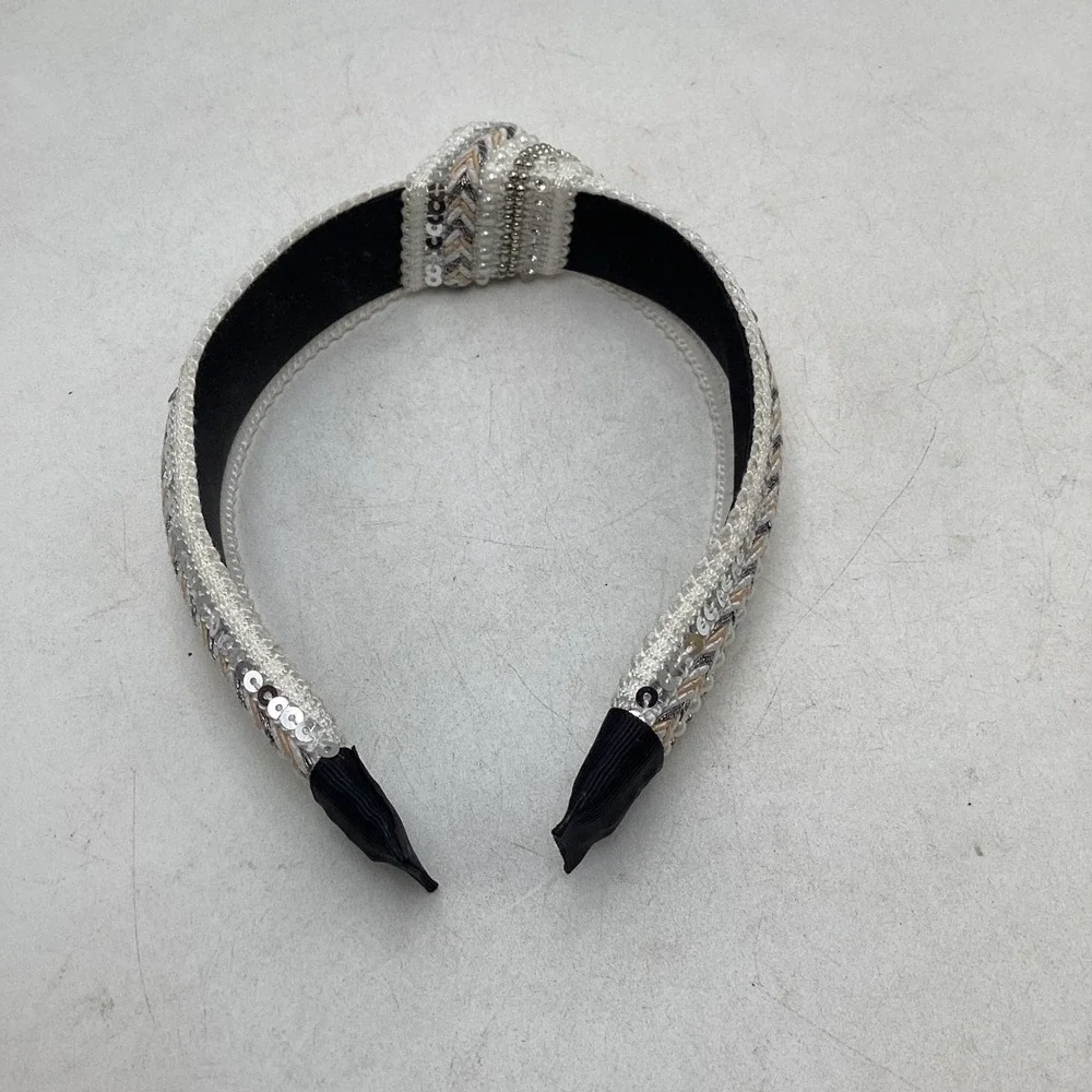 White Embellished Top Knot Headband Faux Pearl Sequin Rhinestone Boho Glam Hair